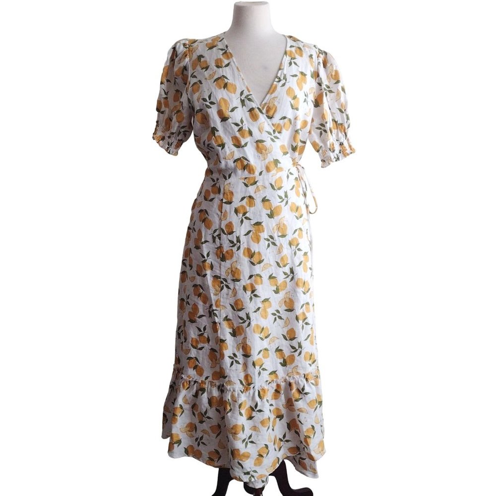 Reformation Lemon Print Linen Wrap Dress XL Veronika Midi Lemonade